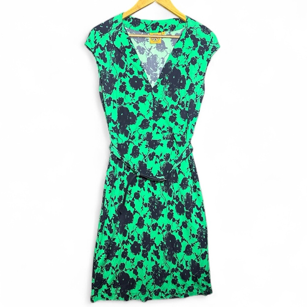 Tory Burch Green and Black Floral Midi Wrap Dress